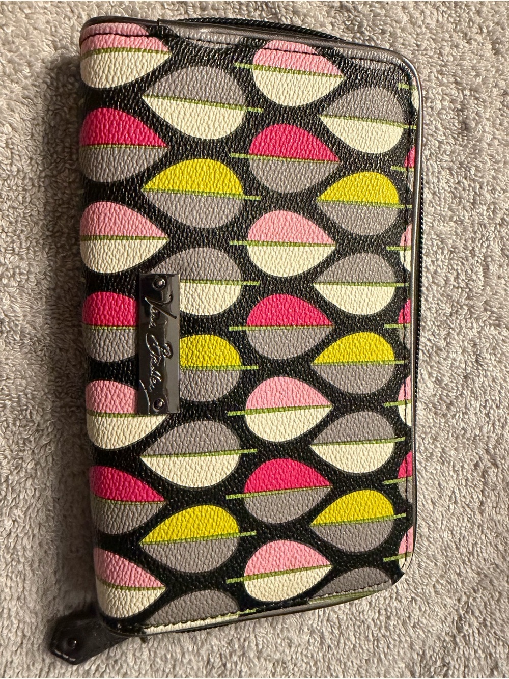 Vera Bradley Patterned Zip-Around Wallet with Pink, Yellow & Gray Circles